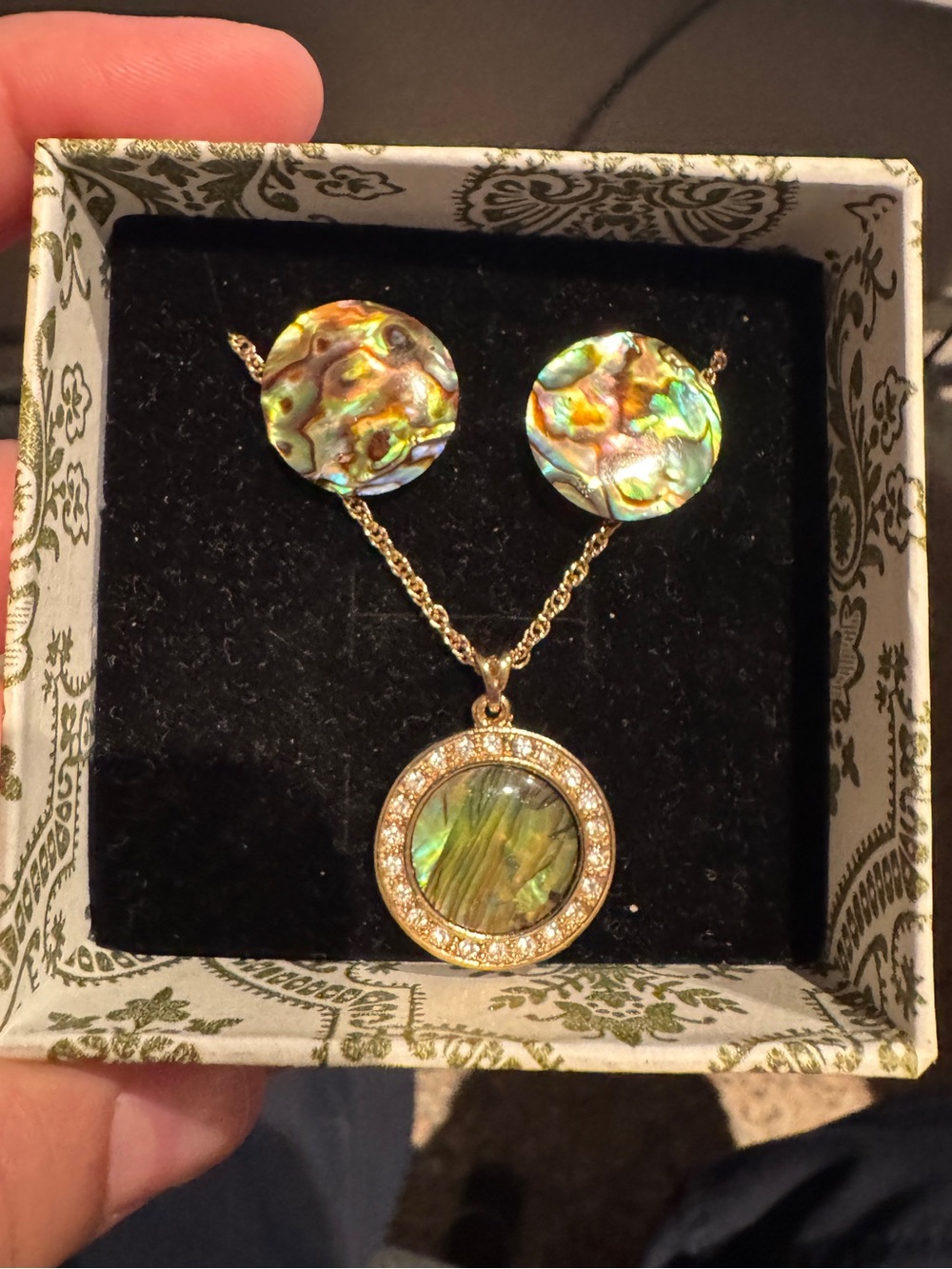 AVON Abalone Shell Pendant Necklace and Stud Earrings Set - Green Iridescent